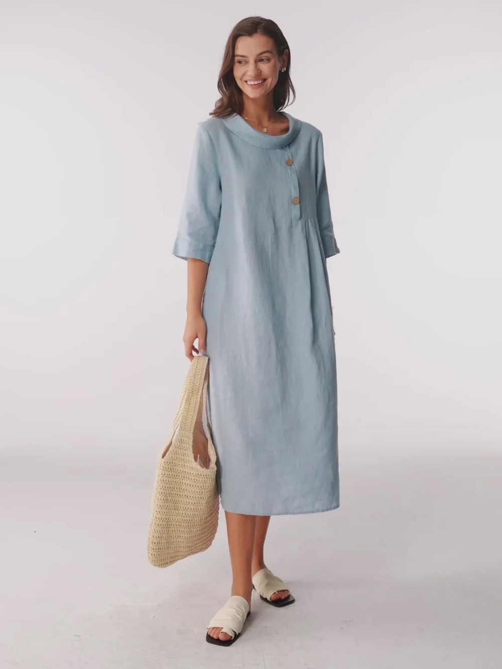 Lintico Elaraine Linen Rolled Collar Asymmetric Placket Maxi Dress